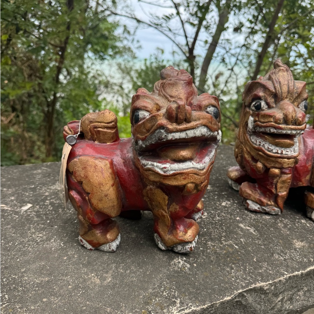2 Vintage Carved Wood Thai Guardian Foo Dog Statues - Picture 15 of 16